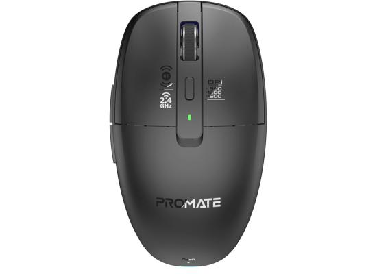 Promate Flixi Triple Mode Wireless Mouse with Bluetooth 5.1, Dual 2.4GHz USB-A & USB-C Dongles, 800/1200/1600 DPI, Silent Clicks, 500mAh Battery, 7-Color LED, Type-C Charging, 10m Range - Black